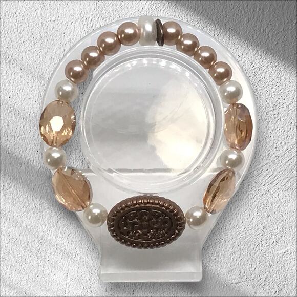 Handmade Bracelet Elegant Champagne & White Glass Pearls Stretchy Statement - Picture 4 of 4